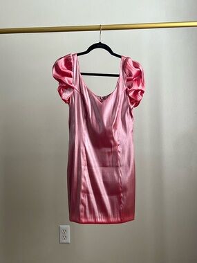 Amanda Uprichard Shiny Pink Puff-Sleeve Mini Dress